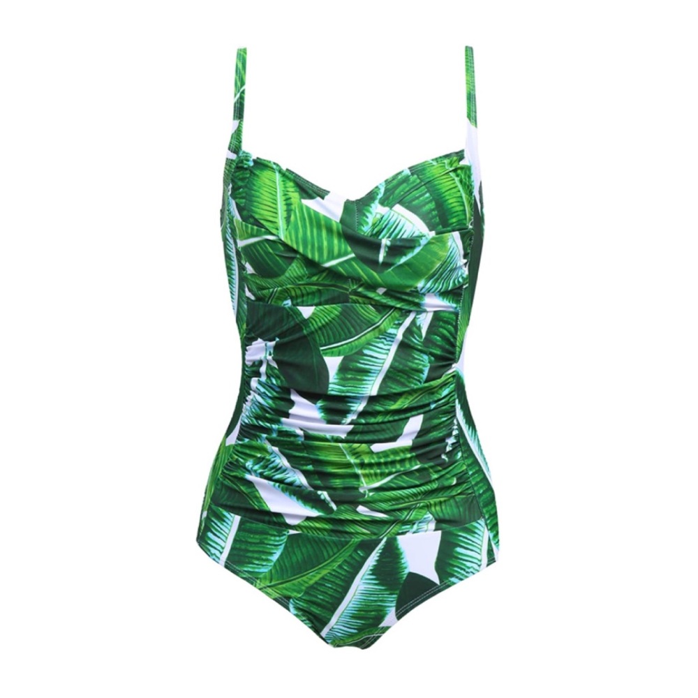 NWT ✨ Tropical Leaf Print Tummy Control Ruched Monokini Boutique Swimsuit